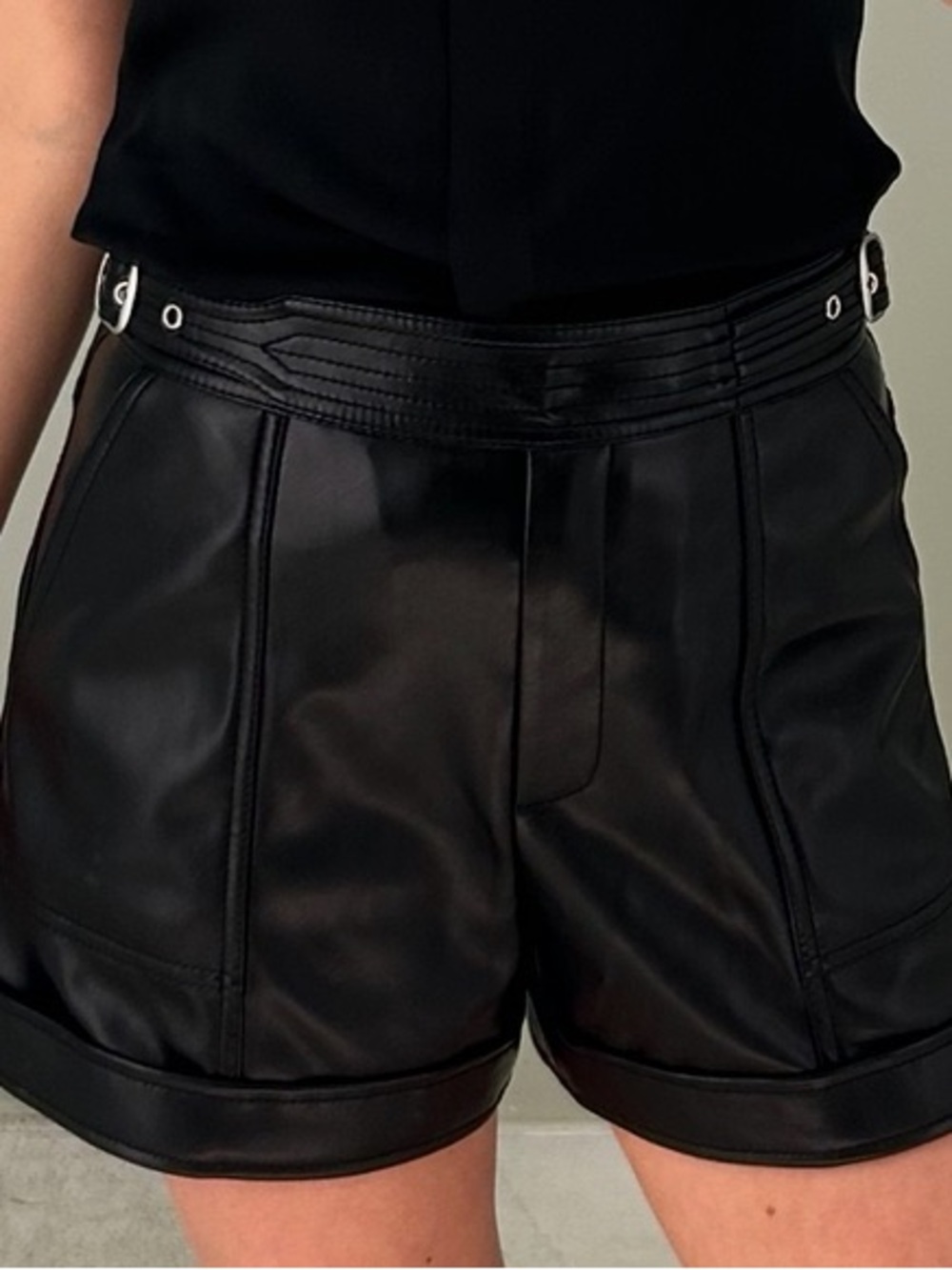 High-Rise Black Faux Leather Shorts with Belt Detail
